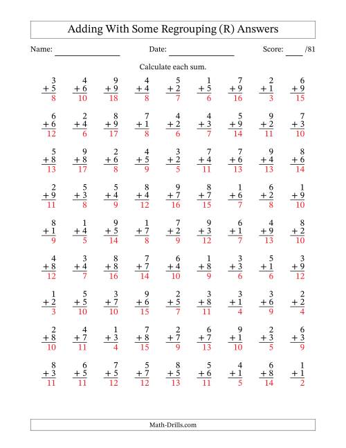 The 81 Single-Digit Addition Questions With Some Regrouping (R) Math Worksheet Page 2