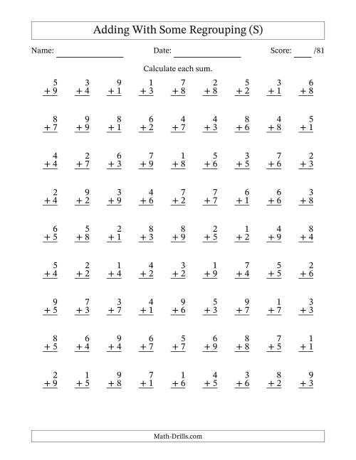 The 81 Single-Digit Addition Questions With Some Regrouping (S) Math Worksheet