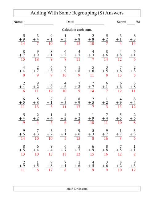 The 81 Single-Digit Addition Questions With Some Regrouping (S) Math Worksheet Page 2
