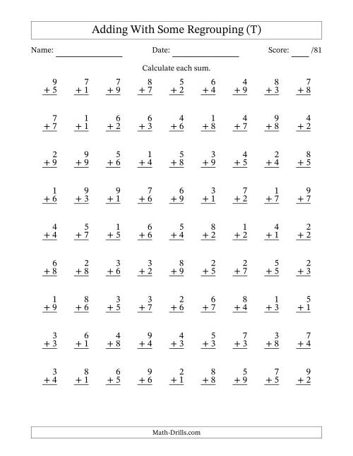 The 81 Single-Digit Addition Questions With Some Regrouping (T) Math Worksheet