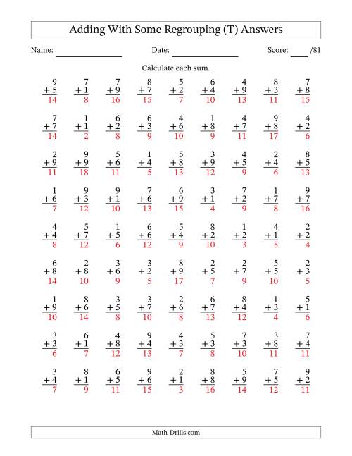 The 81 Single-Digit Addition Questions With Some Regrouping (T) Math Worksheet Page 2