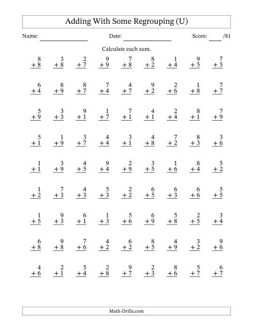 The 81 Single-Digit Addition Questions With Some Regrouping (U) Math Worksheet