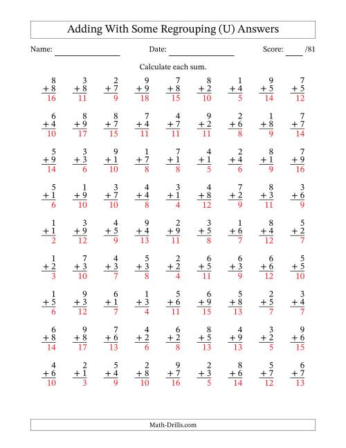 The 81 Single-Digit Addition Questions With Some Regrouping (U) Math Worksheet Page 2