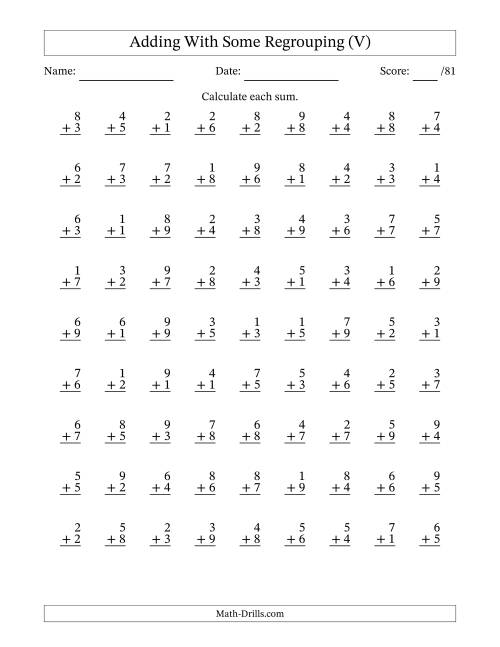 The 81 Single-Digit Addition Questions With Some Regrouping (V) Math Worksheet