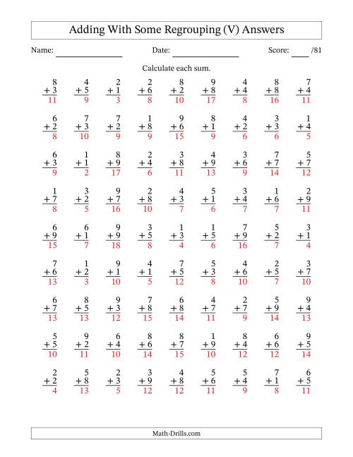 The 81 Single-Digit Addition Questions With Some Regrouping (V) Math Worksheet Page 2