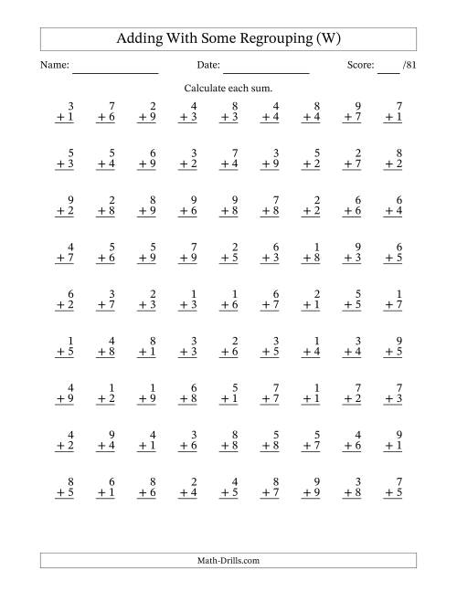 The 81 Single-Digit Addition Questions With Some Regrouping (W) Math Worksheet