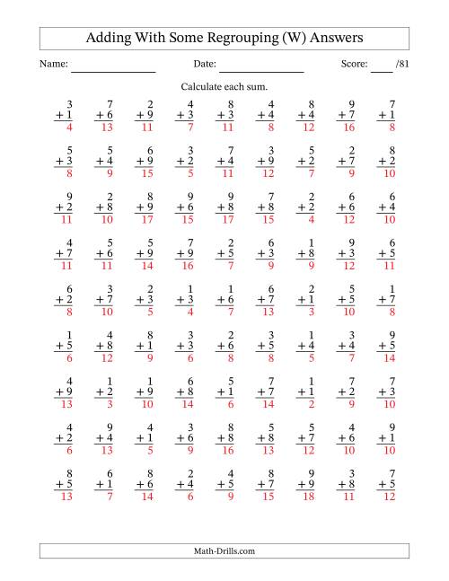 The 81 Single-Digit Addition Questions With Some Regrouping (W) Math Worksheet Page 2