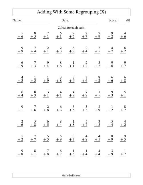 The 81 Single-Digit Addition Questions With Some Regrouping (X) Math Worksheet