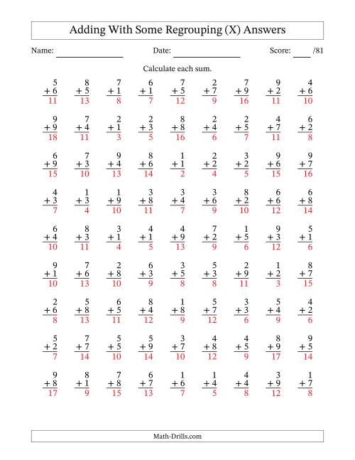 The 81 Single-Digit Addition Questions With Some Regrouping (X) Math Worksheet Page 2