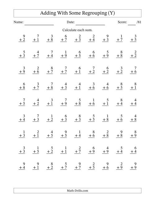 The 81 Single-Digit Addition Questions With Some Regrouping (Y) Math Worksheet