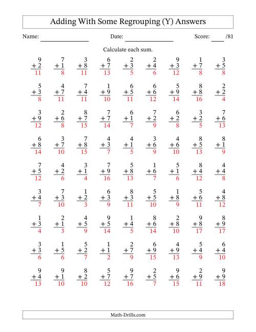 The 81 Single-Digit Addition Questions With Some Regrouping (Y) Math Worksheet Page 2