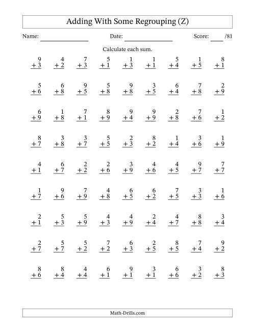 The 81 Single-Digit Addition Questions With Some Regrouping (Z) Math Worksheet