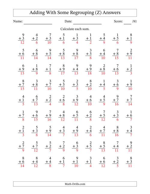 The 81 Single-Digit Addition Questions With Some Regrouping (Z) Math Worksheet Page 2
