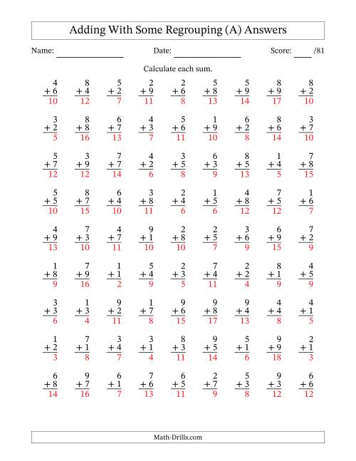 The 81 Single-Digit Addition Questions With Some Regrouping (All) Math Worksheet Page 2