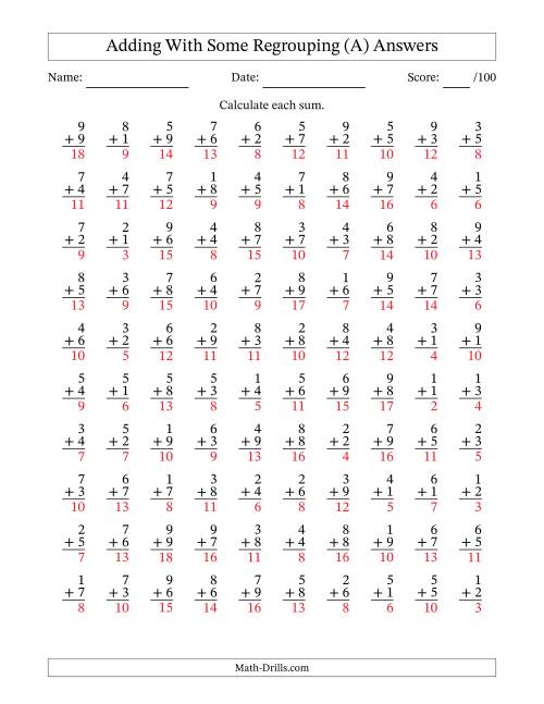 The 100 Single-Digit Addition Questions With Some Regrouping (A) Math Worksheet Page 2