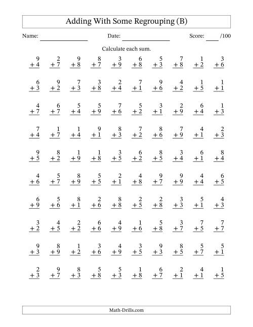 The 100 Single-Digit Addition Questions With Some Regrouping (B) Math Worksheet