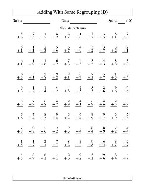 The 100 Single-Digit Addition Questions With Some Regrouping (D) Math Worksheet