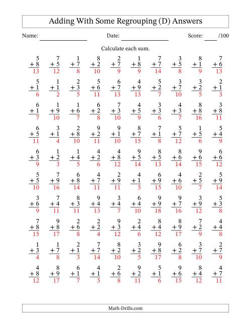 The 100 Single-Digit Addition Questions With Some Regrouping (D) Math Worksheet Page 2