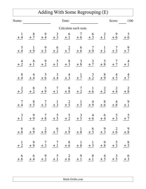 The 100 Single-Digit Addition Questions With Some Regrouping (E) Math Worksheet