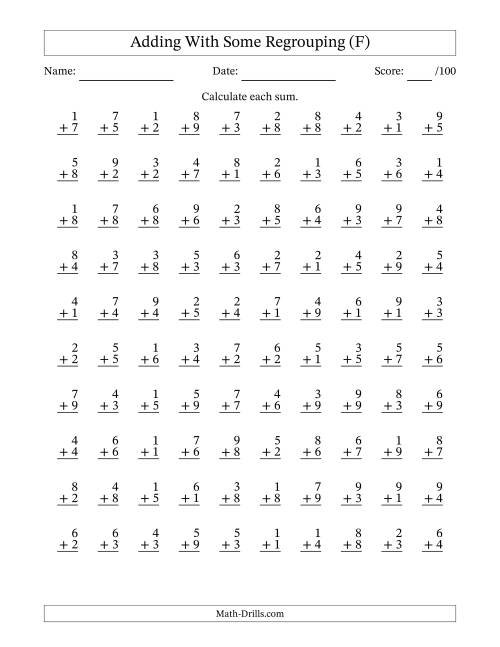 The 100 Single-Digit Addition Questions With Some Regrouping (F) Math Worksheet