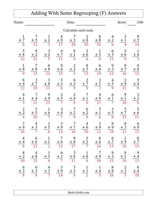 The 100 Single-Digit Addition Questions With Some Regrouping (F) Math Worksheet Page 2