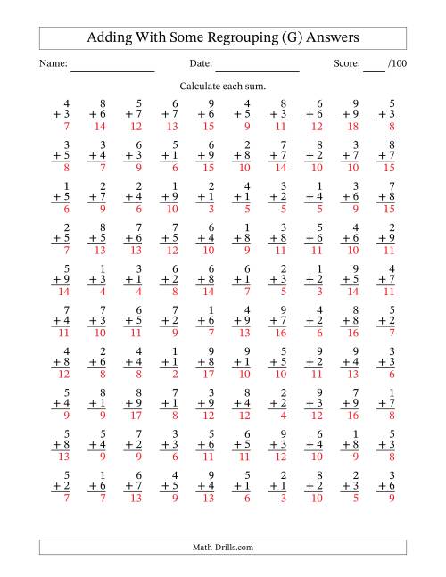 The 100 Single-Digit Addition Questions With Some Regrouping (G) Math Worksheet Page 2
