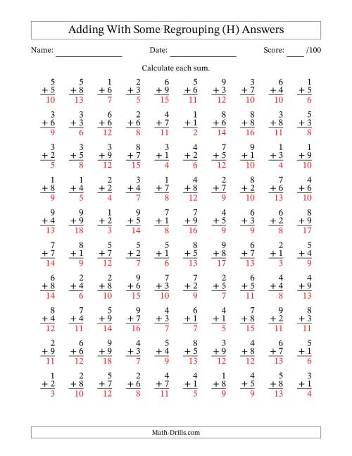 The 100 Single-Digit Addition Questions With Some Regrouping (H) Math Worksheet Page 2