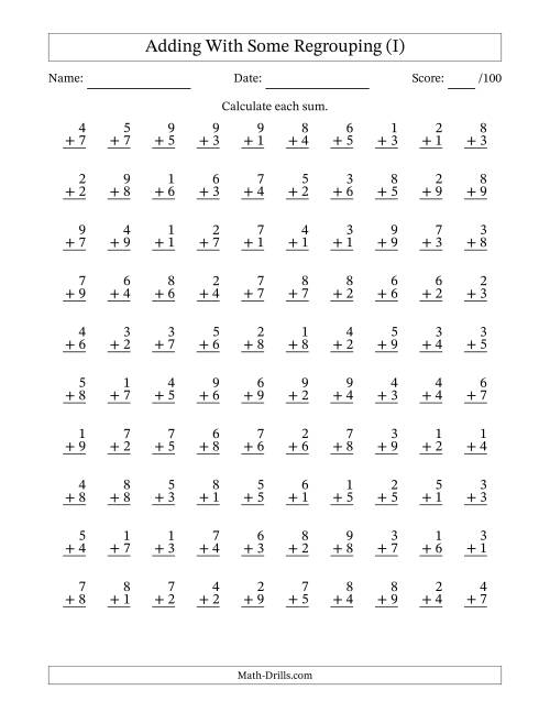 The 100 Single-Digit Addition Questions With Some Regrouping (I) Math Worksheet