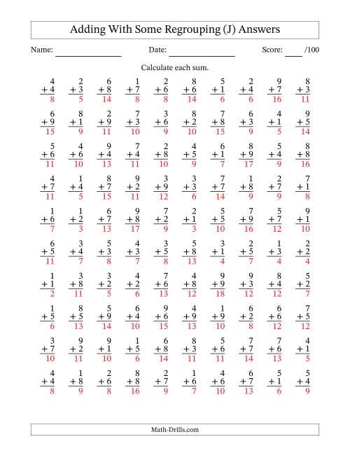 The 100 Single-Digit Addition Questions With Some Regrouping (J) Math Worksheet Page 2