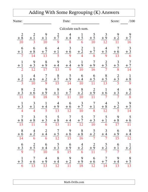 The 100 Single-Digit Addition Questions With Some Regrouping (K) Math Worksheet Page 2