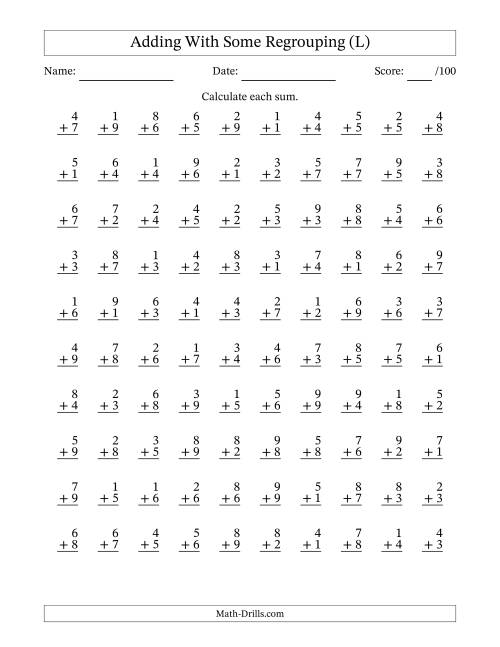 The 100 Single-Digit Addition Questions With Some Regrouping (L) Math Worksheet