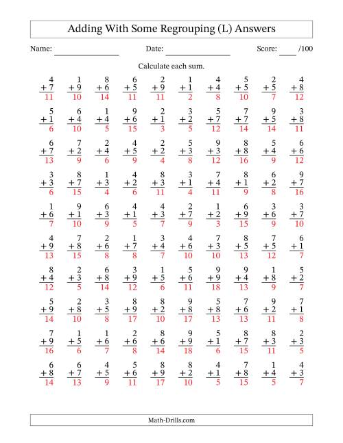 The 100 Single-Digit Addition Questions With Some Regrouping (L) Math Worksheet Page 2