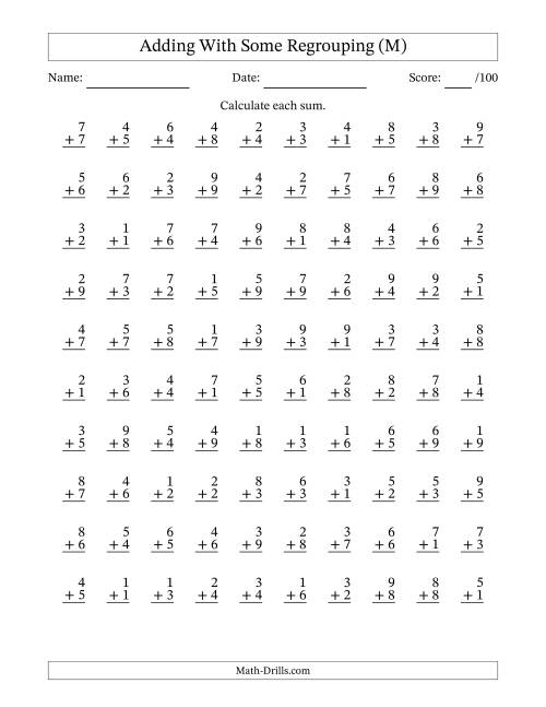 The 100 Single-Digit Addition Questions With Some Regrouping (M) Math Worksheet