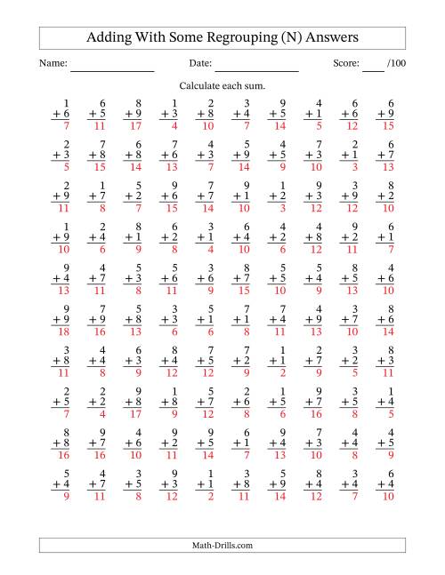 The 100 Single-Digit Addition Questions With Some Regrouping (N) Math Worksheet Page 2