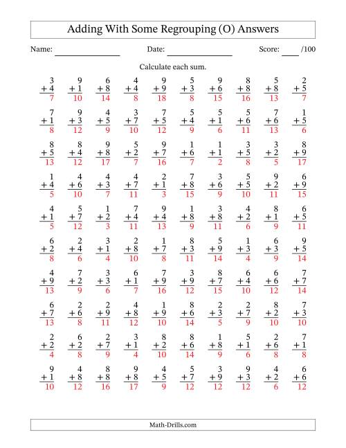 The 100 Single-Digit Addition Questions With Some Regrouping (O) Math Worksheet Page 2