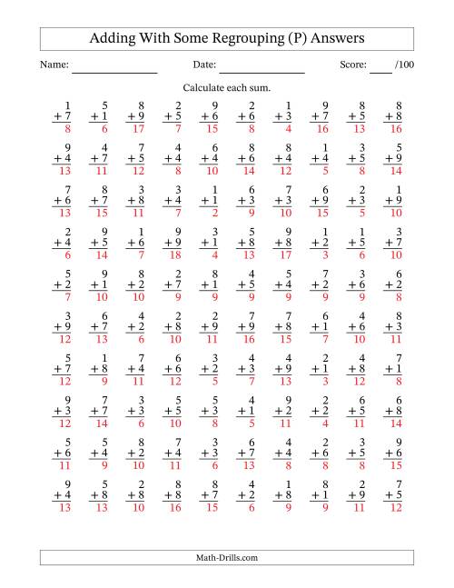 The 100 Single-Digit Addition Questions With Some Regrouping (P) Math Worksheet Page 2