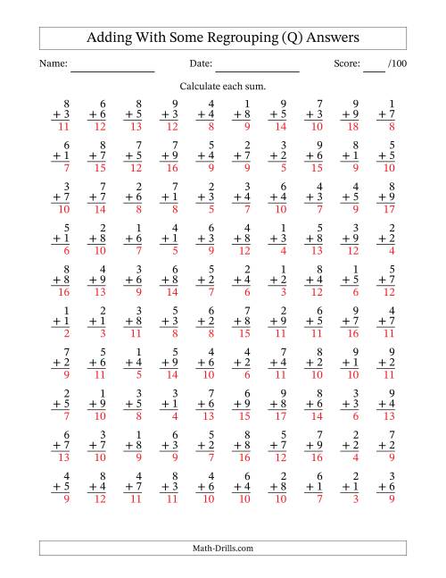 The 100 Single-Digit Addition Questions With Some Regrouping (Q) Math Worksheet Page 2