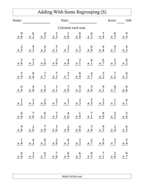 The 100 Single-Digit Addition Questions With Some Regrouping (S) Math Worksheet