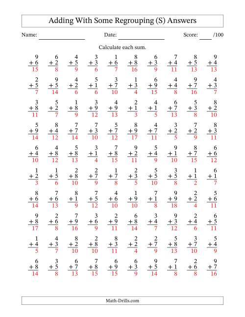 The 100 Single-Digit Addition Questions With Some Regrouping (S) Math Worksheet Page 2