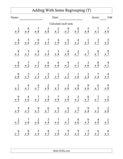 The 100 Single-Digit Addition Questions With Some Regrouping (T) Math Worksheet