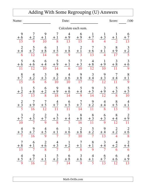 The 100 Single-Digit Addition Questions With Some Regrouping (U) Math Worksheet Page 2