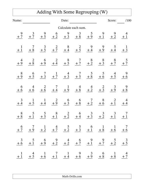 The 100 Single-Digit Addition Questions With Some Regrouping (W) Math Worksheet