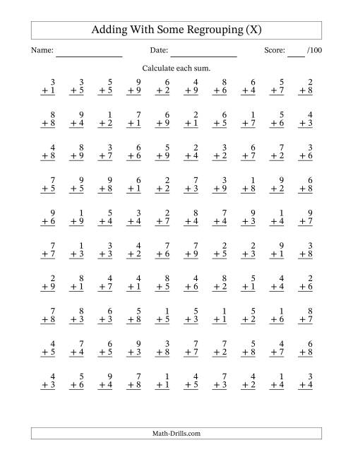 The 100 Single-Digit Addition Questions With Some Regrouping (X) Math Worksheet