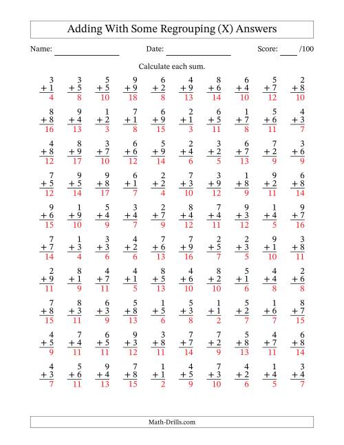 The 100 Single-Digit Addition Questions With Some Regrouping (X) Math Worksheet Page 2