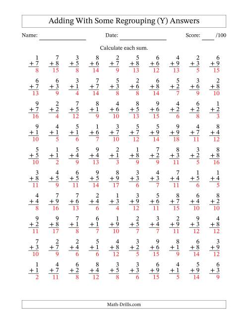 The 100 Single-Digit Addition Questions With Some Regrouping (Y) Math Worksheet Page 2