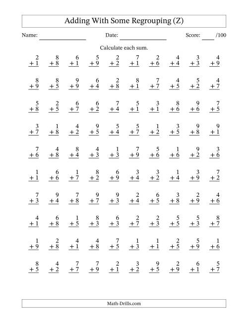 The 100 Single-Digit Addition Questions With Some Regrouping (Z) Math Worksheet