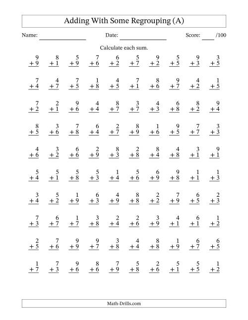 The 100 Single-Digit Addition Questions With Some Regrouping (All) Math Worksheet