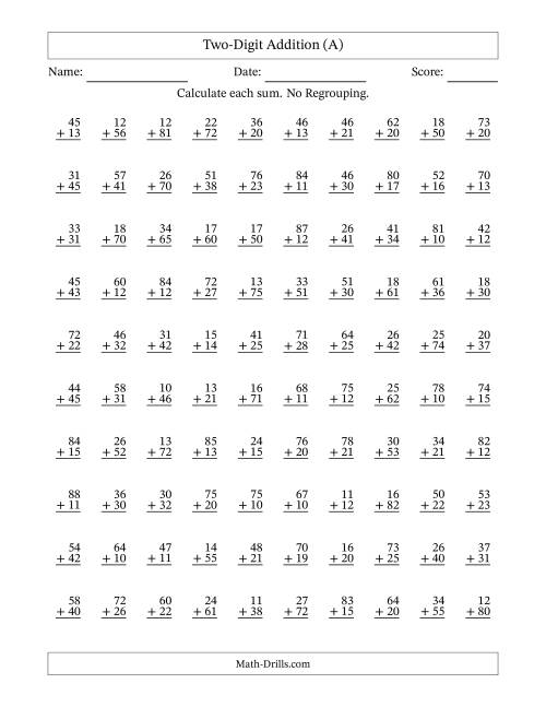 The Two-Digit Addition With No Regrouping – 100 Questions (A) Math Worksheet