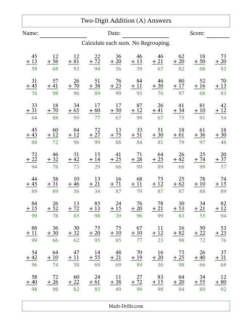The Two-Digit Addition -- No Regrouping -- 100 Questions (A) Math Worksheet Page 2