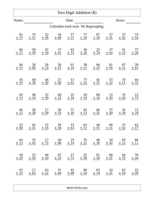 The Two-Digit Addition -- No Regrouping -- 100 Questions (B) Math Worksheet